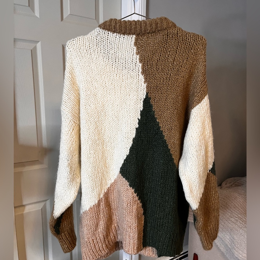 ZARA Oversized Colorblock Chunky Knit Wool Blend Sweater Tan Cream | Size M - Picture 4 of 5